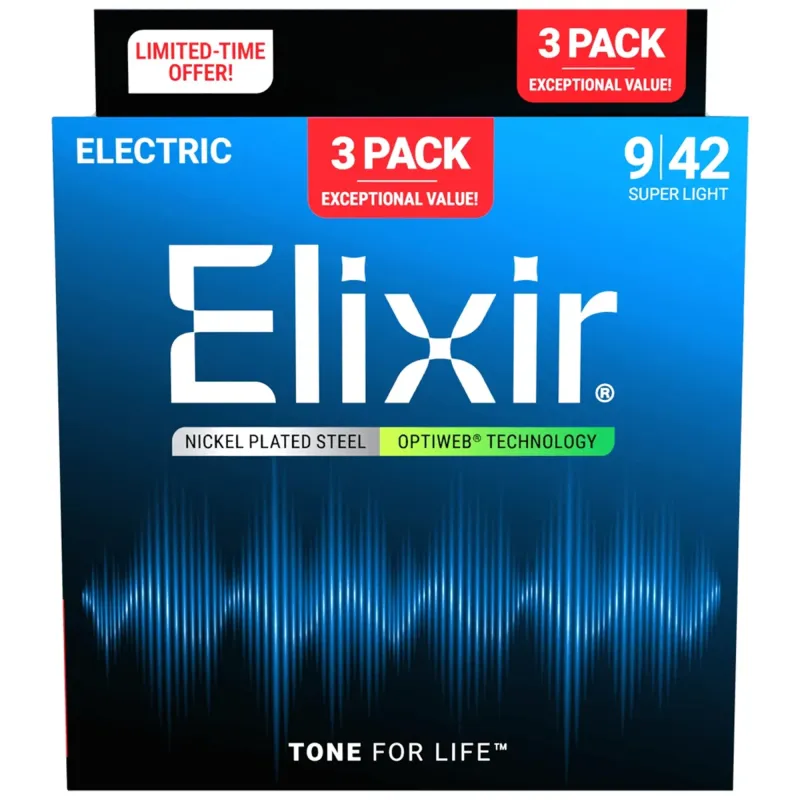 Elixir Strings 19002 Optiweb Electric Guitar Strings Super Light - .009-.042 ( 3Pack)