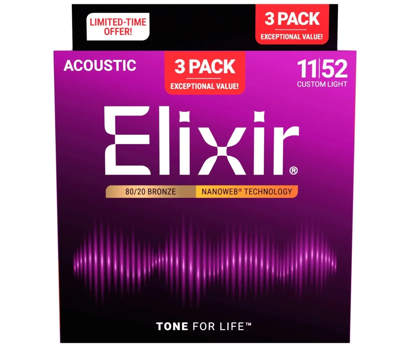 Elixir Strings 11027 Nanoweb 80/20 Acoustic Guitar Strings Custom Light - .011-.052 (3 Pack)