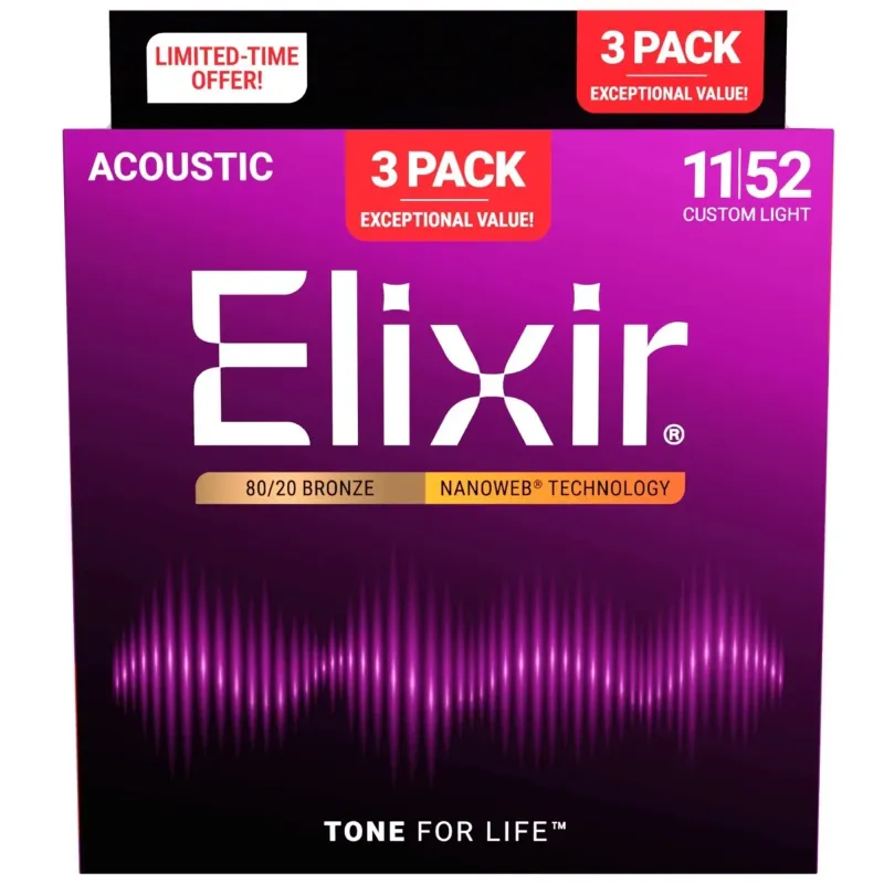 Elixir Strings 11027 Nanoweb 80/20 Acoustic Guitar Strings Custom Light - .011-.052 (3 Pack)
