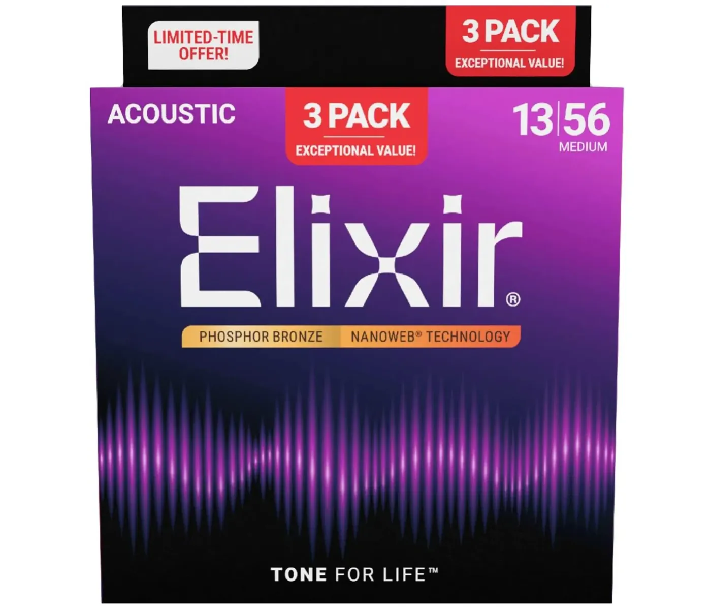 Elixir Strings 16570 Nanoweb Phosphor Bronze Acoustic Guitar Strings - Medium - 13-56 (3 Pack)