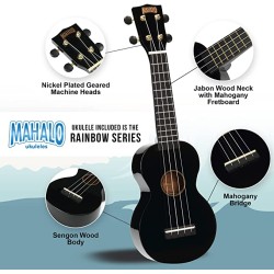 Mahalo MR1BKK Learn To Play Soprano Ukulele Pack M1 Rainbow "R" Series - Black