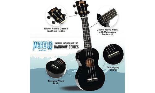 Mahalo MR1BKK Learn To Play Soprano Ukulele Pack M1 Rainbow "R" Series - Black