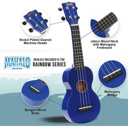 Mahalo MR1BUK Learn To Play Soprano Ukulele Pack M1 Rainbow "R" Series - Blue