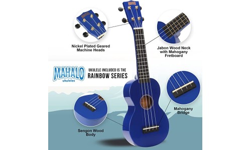 Mahalo MR1BUK Learn To Play Soprano Ukulele Pack M1 Rainbow "R" Series - Blue