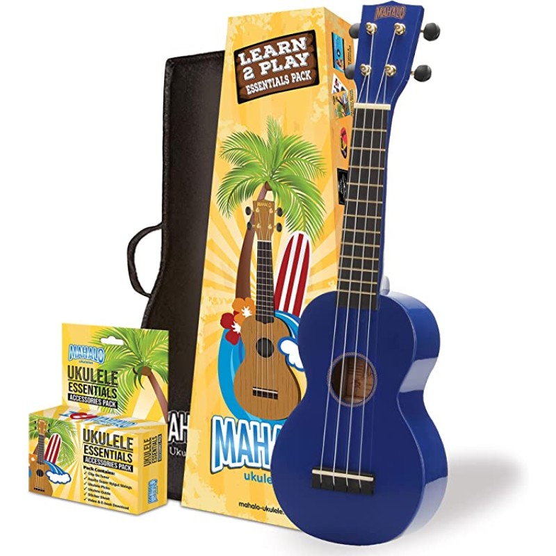 Mahalo MR1BUK Learn To Play Soprano Ukulele Pack M1 Rainbow "R" Series - Blue