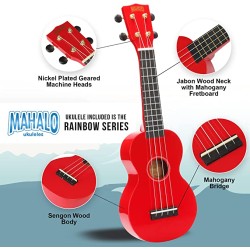 Mahalo MR1RDK Learn To Play Soprano Ukulele Pack M1 Rainbow "R" Series - Red