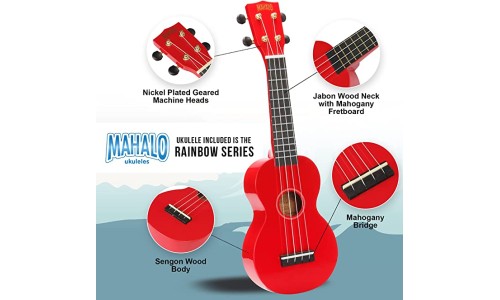 Mahalo MR1RDK Learn To Play Soprano Ukulele Pack M1 Rainbow "R" Series - Red