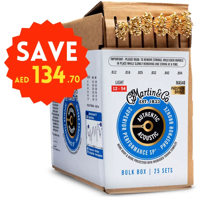 Martin Strings BULKBOXMA540 25-SETS Authentic Acoustic Guitar Superior Performance 92/8 Phosphor Bronze Light - 012-.054 Martin Strings BULKBOXMA540 25-SETS Authentic Acoustic Guitar Superior Performance 92/8 Phosphor Bronze Light - 012-.054
