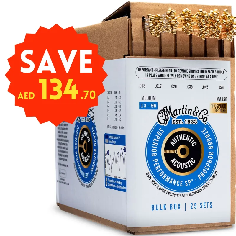 Martin Strings BULKBOXMA550 25-SETS Authentic Acoustic Guitar Strings Superior Performance 92/8 Phosphor Bronze Medium - 013-.056 - Martin Strings BULKBOXMA550 25-SETS Authentic Acoustic Guitar Strings Superior Performance 92/8 Phosphor Bronze Medium - 013-.056 -