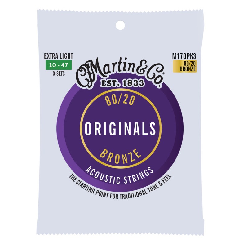 Martin M170PK3 Originals 80/20 Bronze Acoustic Guitar Strings - .010-.047 Extra Light (3-pack)