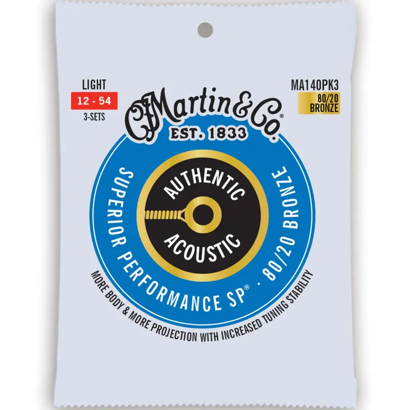 Martin Strings MA140PK3 3-Pack Authentic Acoustic Guitar SP 80/20 Bronze Light - 0.12 - 0.54 Martin Strings MA140PK3 3-Pack Authentic Acoustic Guitar SP 80/20 Bronze Light - 0.12 - 0.54