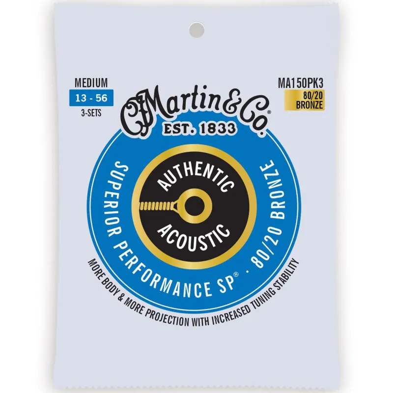 Martin Strings MA150PK3 3-Pack Authentic Acoustic Guitar SP 80/20 Bronze Medium - 0.13 - 0.56 Martin Strings MA150PK3 3-Pack Authentic Acoustic Guitar SP 80/20 Bronze Medium - 0.13 - 0.56
