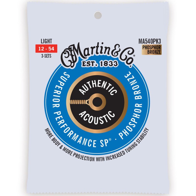 Martin Strings MA540PK3 3-Pack Authentic Acoustic Guitar Superior Performance SP 92/8 Phosphor Bronze Light - 012 -.054