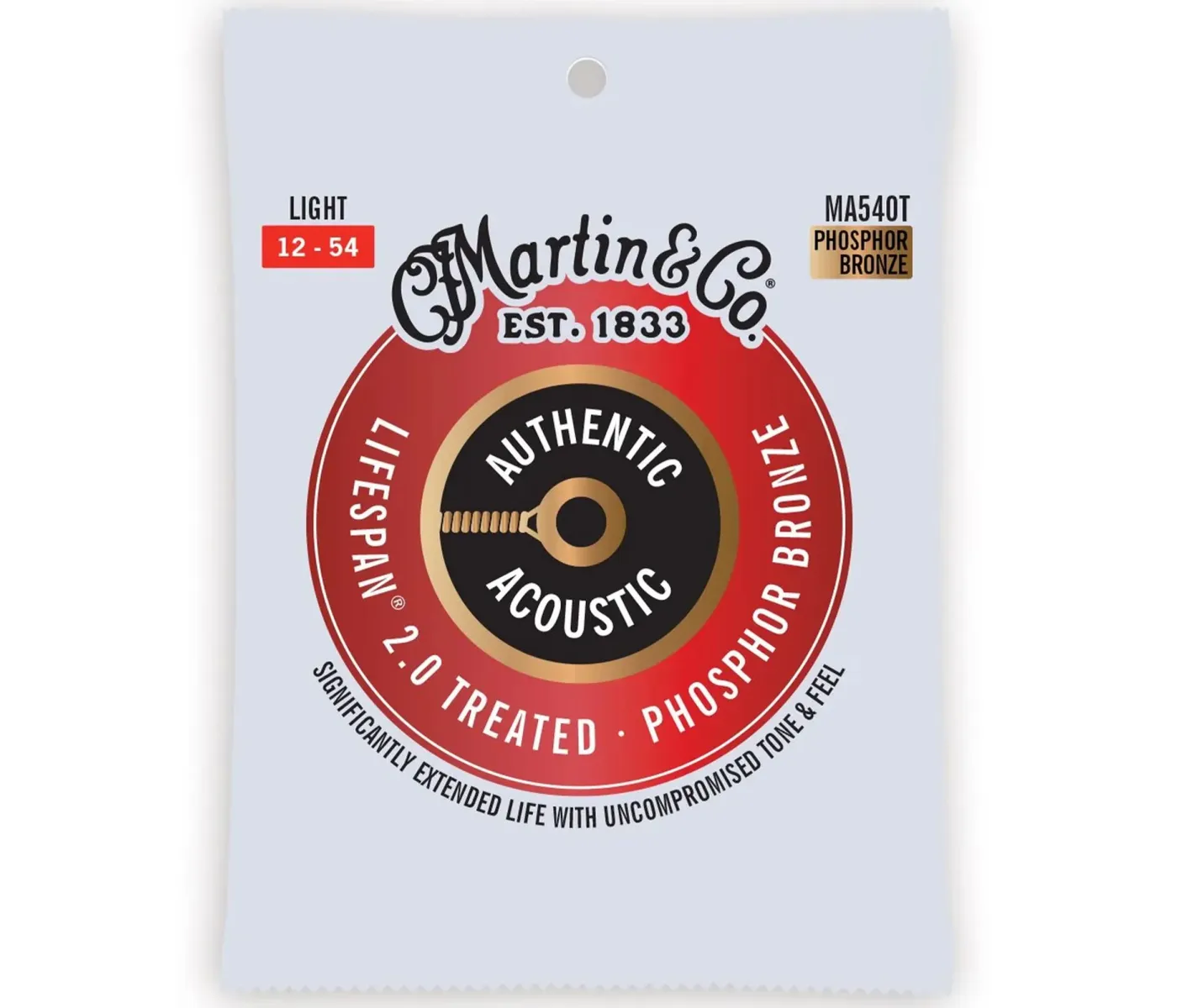 Martin Strings MA540T Authentic Acoustic Guitar Set Lifespan 2.0 Treated Guitar Strings 92/8 Phosphor Bronze Light - .012-.054