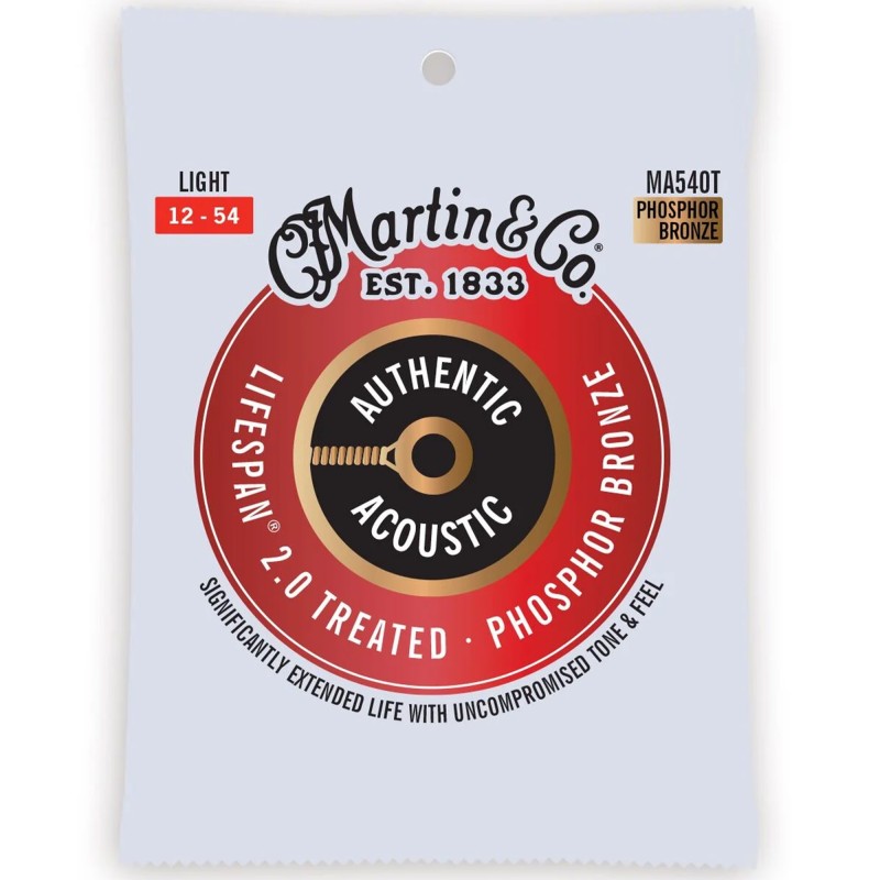 Martin Strings MA540T Authentic Acoustic Guitar Set Lifespan 2.0 Treated Guitar Strings 92/8 Phosphor Bronze Light - .012-.054