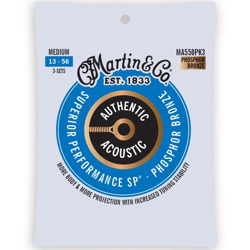 Martin Strings MA550PK3 3-Pack Authentic Acoustic Guitar Superior Performance SP 92/8 Phosphor Medium - 013 -.056