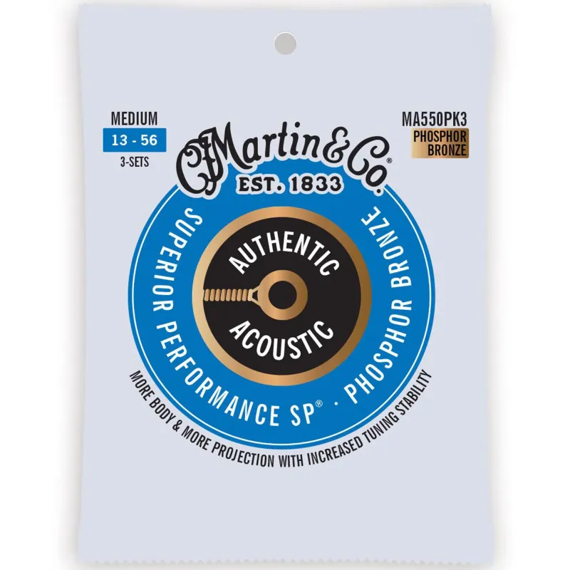 Martin Strings MA550PK3 3-Pack Authentic Acoustic Guitar Superior Performance SP 92/8 Phosphor Medium - 013 -.056 Martin Strings MA550PK3 3-Pack Authentic Acoustic Guitar Superior Performance SP 92/8 Phosphor Medium - 013 -.056