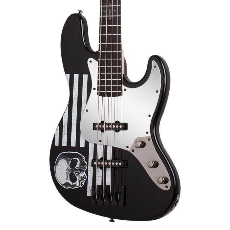 Schecter 84 JD DeServio J-4 Electric Bass - Gloss Black with 'BLS' Distressed Flag