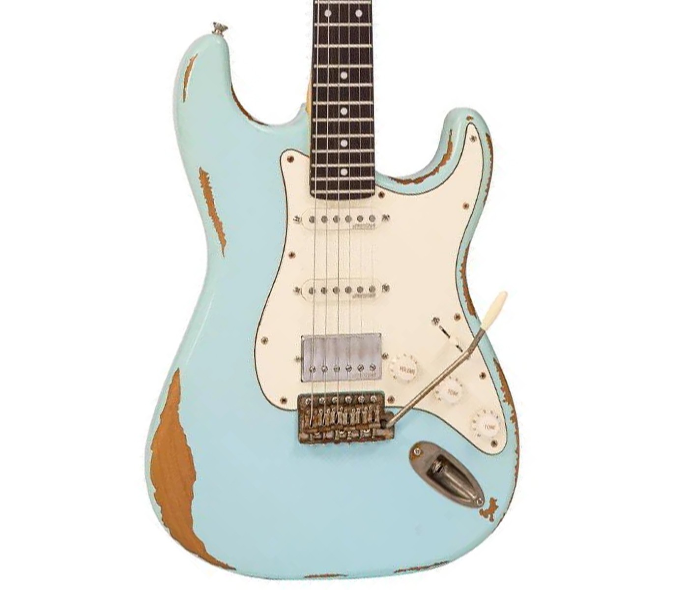 Vintage V6HMRLB Icon HSS Electric Guitar - Ultra Gloss Distressed Laguna Blue