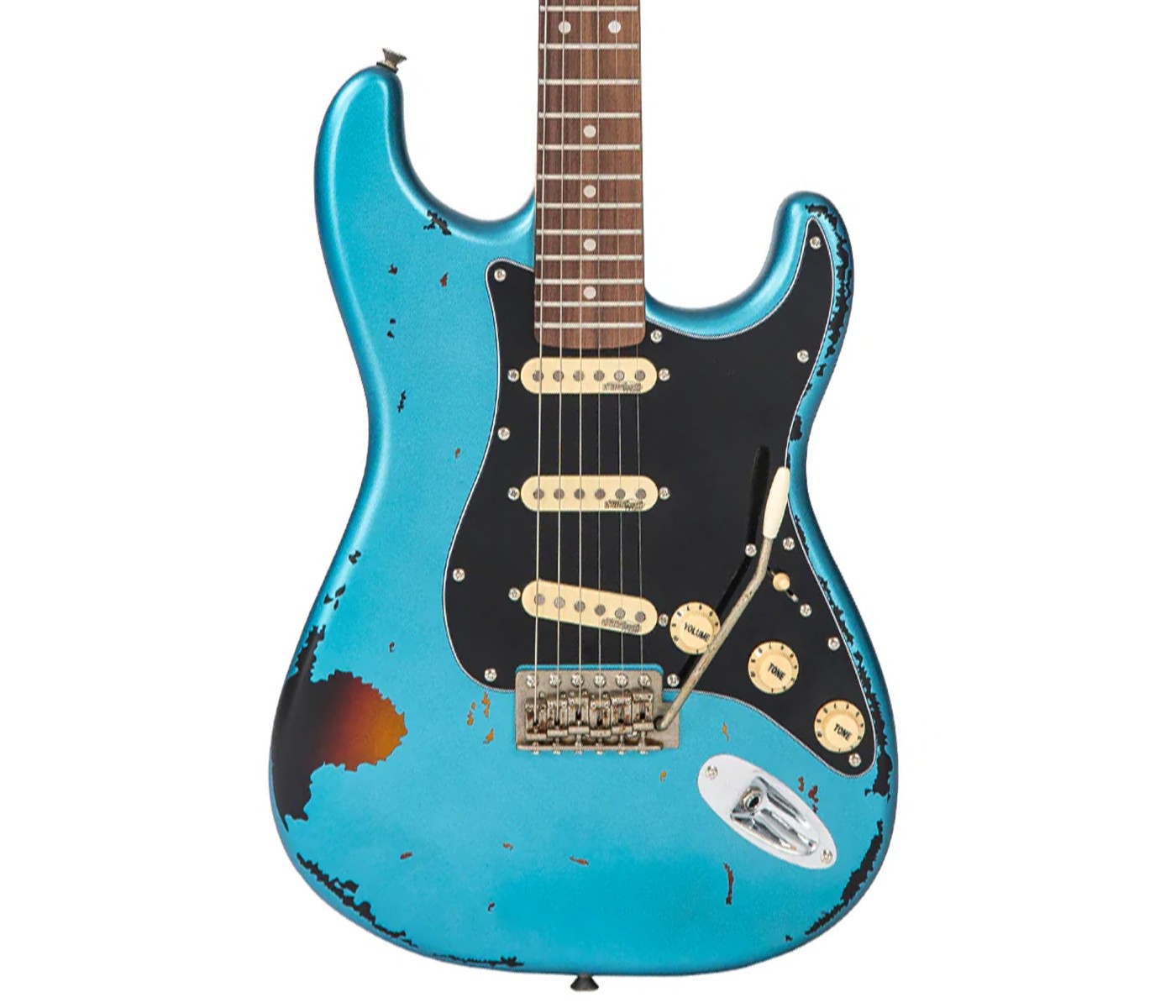 Vintage V6MRGHB Icon Electric Guitar - Distressed Gun Hill Blue On Sunburst Vintage V6MRGHB Icon Electric Guitar - Distressed Gun Hill Blue On Sunburst