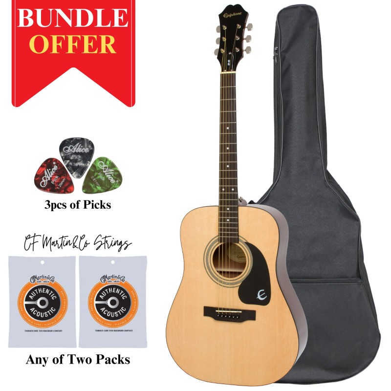 Epiphone EA10NACH1-Bun DR-100 Natural Acoustic Guitar Any of 2 Packs Strings, 3pcs Alice Picks, Softcase Bundle