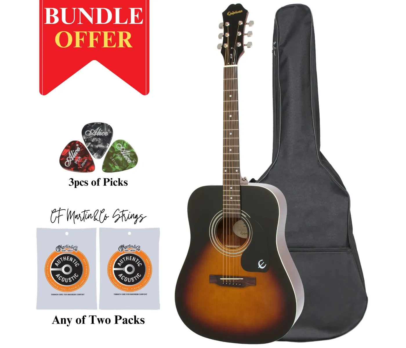 Epiphone EA10VSCH1-Bun DR-100 Vintage Sunburst Acoustic Guitar Any of 2 Packs Strings, 3pcs Alice Picks, Softcase Bundle