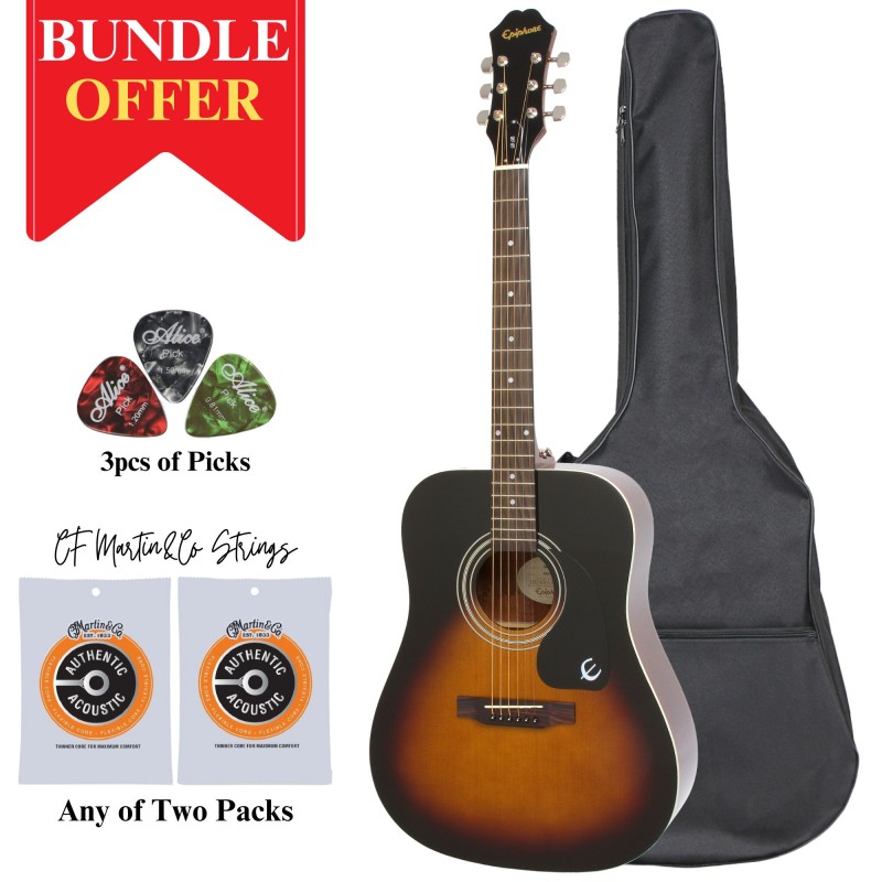 Epiphone EA10VSCH1-Bun DR-100 Vintage Sunburst Acoustic Guitar Any of 2 Packs Strings, 3pcs Alice Picks, Softcase Bundle