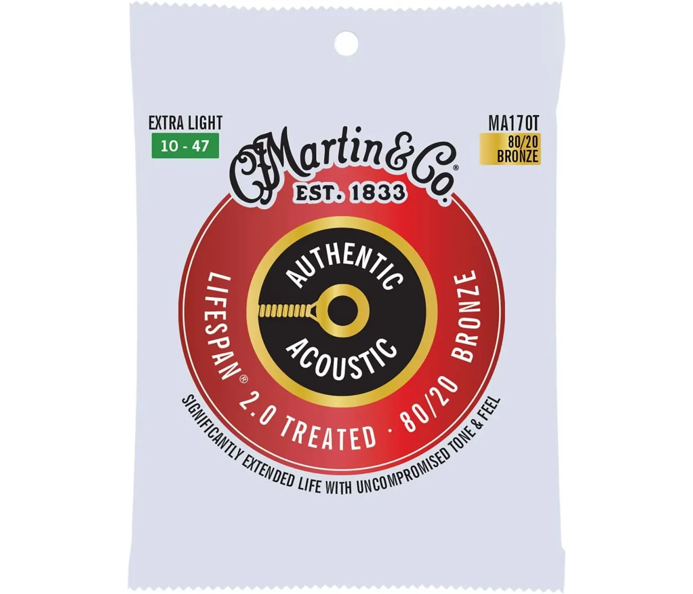Martin Strings Authentic Acoustic Lifespan 2.0 Treated 80/20 Bronze Guitar Extra Light - .010-.047
