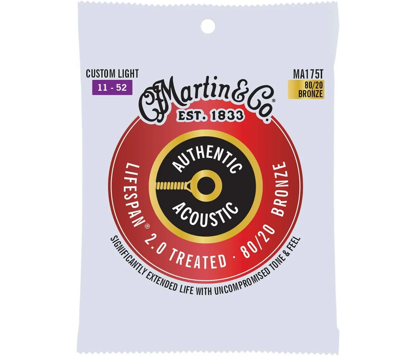 Martin Strings Authentic Acoustic Lifespan 2.0 Treated 80/20 Bronze Guitar Custom Light - .011-.052