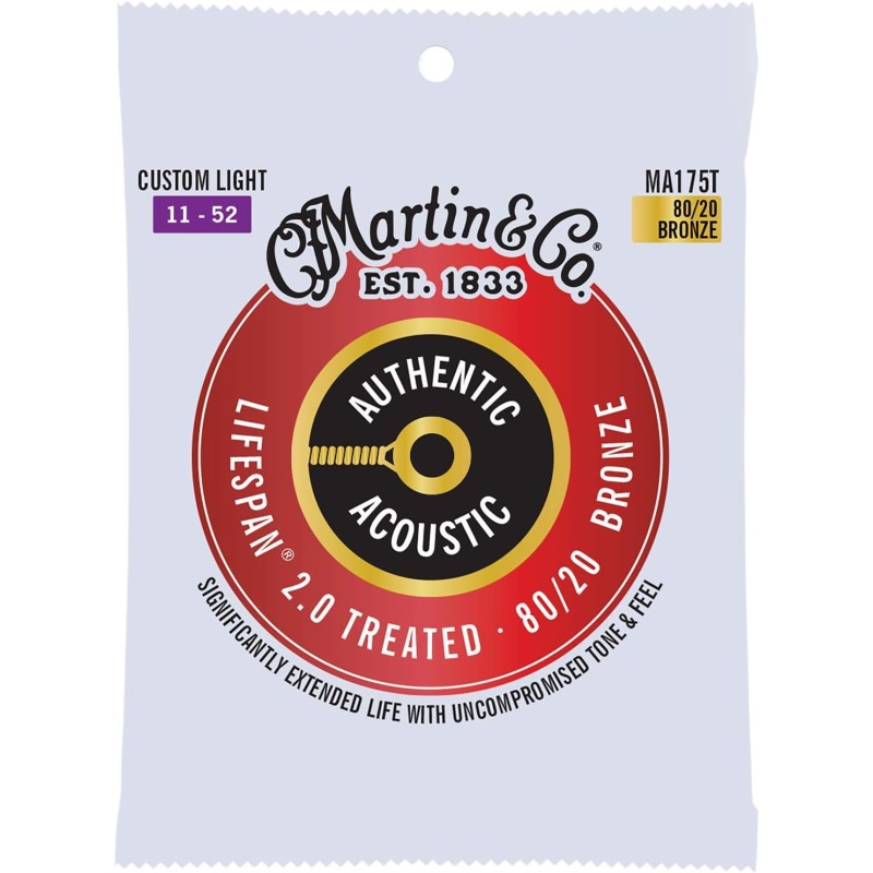 Martin Strings MA175T Authentic Acoustic Lifespan 2.0 Treated 80/20 Bronze Guitar Custom Light - .011-.052