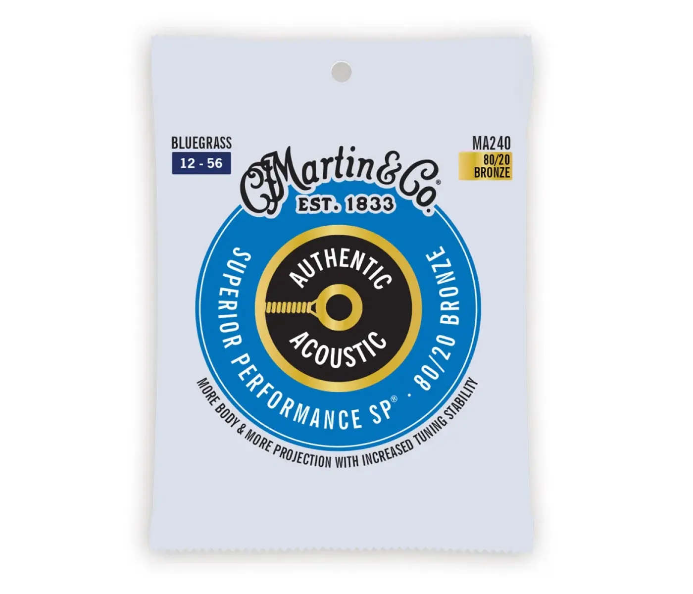 Martin Strings MA240 Authentic Acoustic Guitar Set Superior Performance 80/20 Bronze Bluegrass - .012-.056