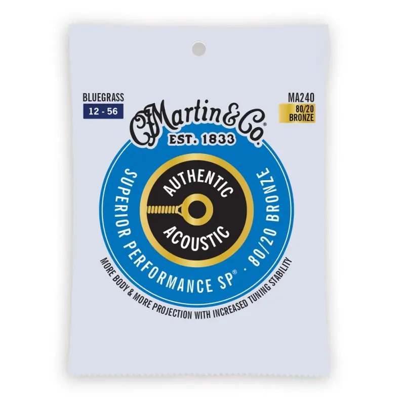 Martin Strings MA240 Authentic Acoustic Guitar Set Superior Performance 80/20 Bronze Bluegrass - .012-.056