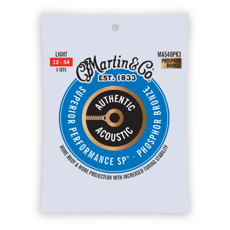 Martin Strings MA540PK3 3-Pack Authentic Acoustic Guitar Superior Performance SP 92/8 Phosphor Bronze Light - 012 -.054