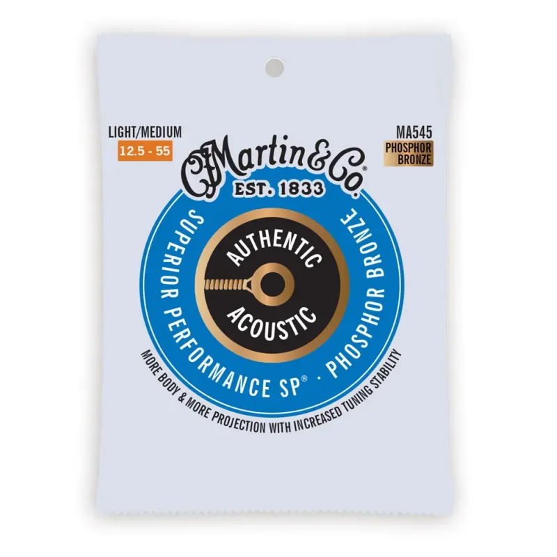 Martin Strings MA545 Authentic Acoustic Guitar Set Superior Performance SP 92/8 Phosphor Bronze Light/Medium - 012.5 -.055