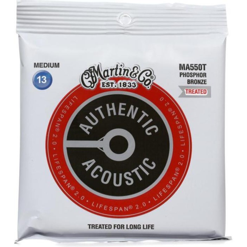 Martin Strings MA550T Authentic Acoustic Guitar Set Lifespan 2.0 Treated Guitar Strings 92/8 Phosphor Bronze Medium - .013-.056