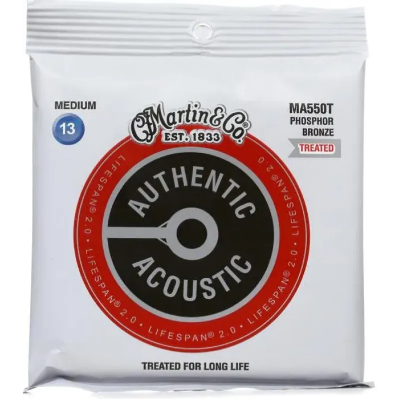 Martin Strings MA550T Authentic Acoustic Guitar Set Lifespan 2.0 Treated Guitar Strings 92/8 Phosphor Bronze Medium - .013-.056