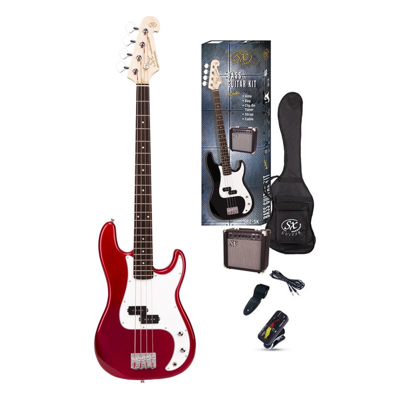 SX Guitar SB2-SK-CAR Precision SB2 Electric Bass Package Guitar - Candy Apple Red