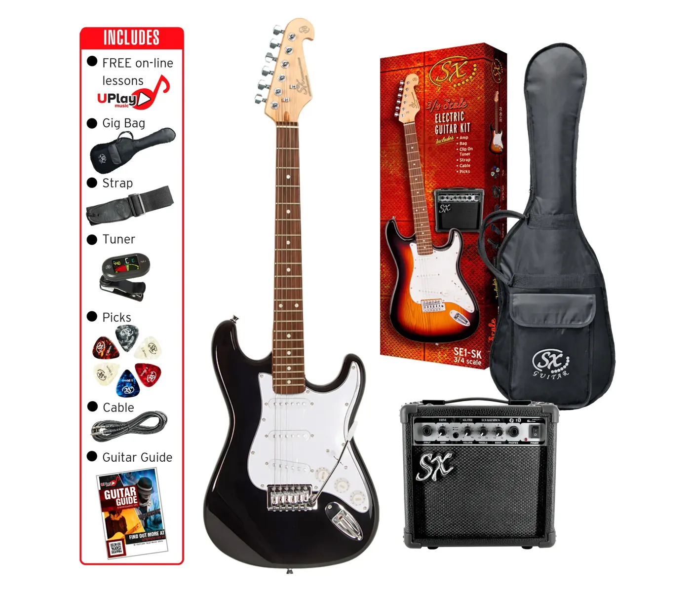 SX Guitar SE1-SK-34-BK Stratocaster 3/4 Electric Package Guitar - Black