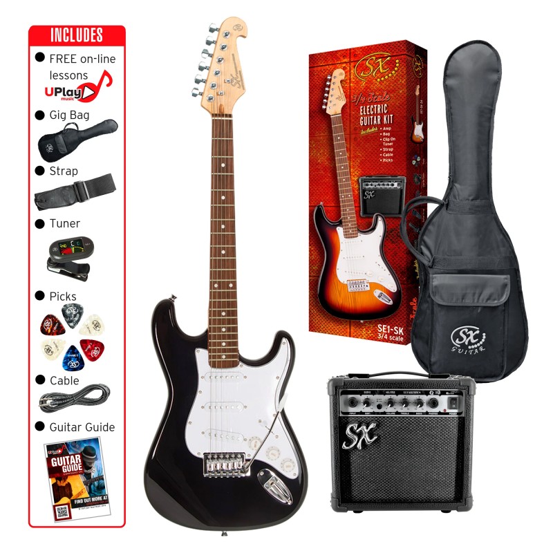 SX Guitar SE1-SK-34-BK Stratocaster 3/4 Electric Package Guitar - Black