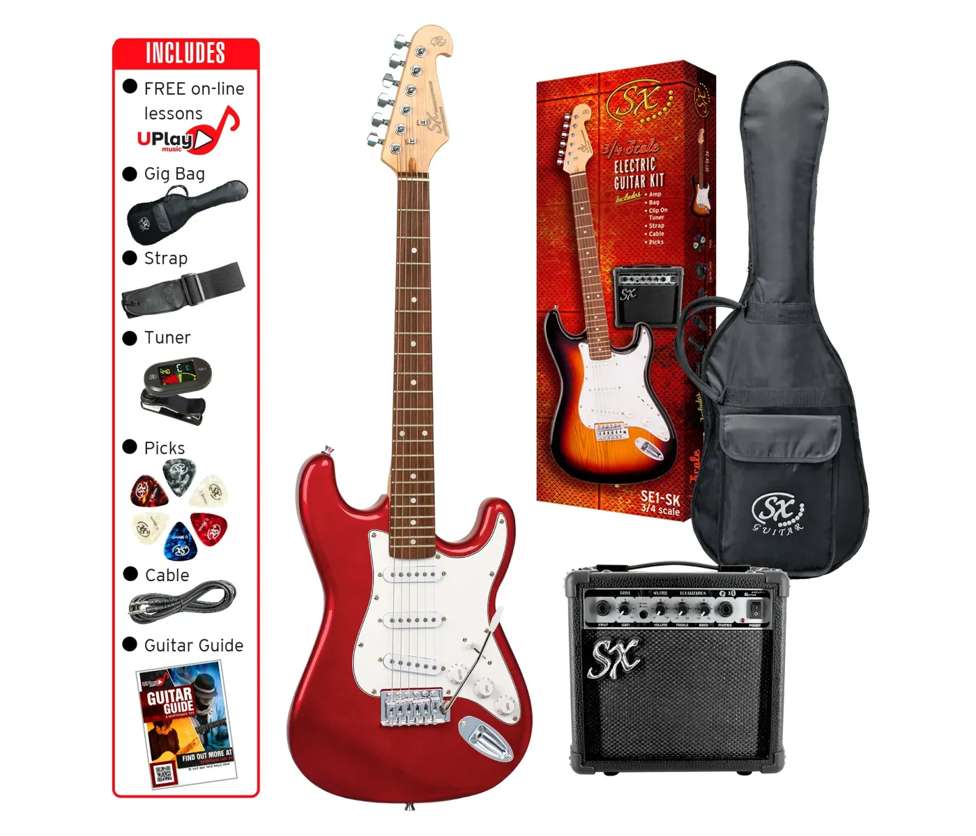 SX Guitar SE1-SK-34-CAR Stratocaster 3/4 Electric Package Guitar - Candy Apple Red