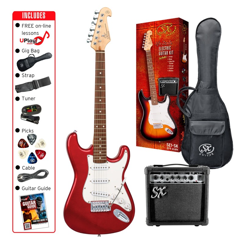 SX Guitar SE1-SK-34-BK Stratocaster 3/4 Electric Package Guitar - Candy Apple Red