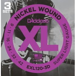 D'Addario EXL120-3D Nickel Wound Electric Guitar String Super Light - 09-42 - 3 Packs