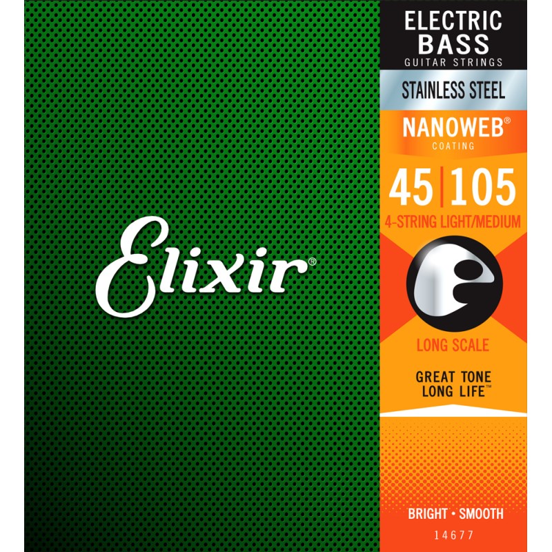 Elixir Strings 14677 Electric Bass Strings Nanoweb Long-Scale Light/Medium - .045-.105