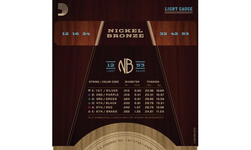 D'Addario NB1253 Nickel Bronze Acoustic Guitar Strings Light - 12-53